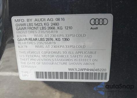 2017 Audi Q5 2.0T Premium z USA, uszkodzony, nr VIN WA1L2AFP4HA045220